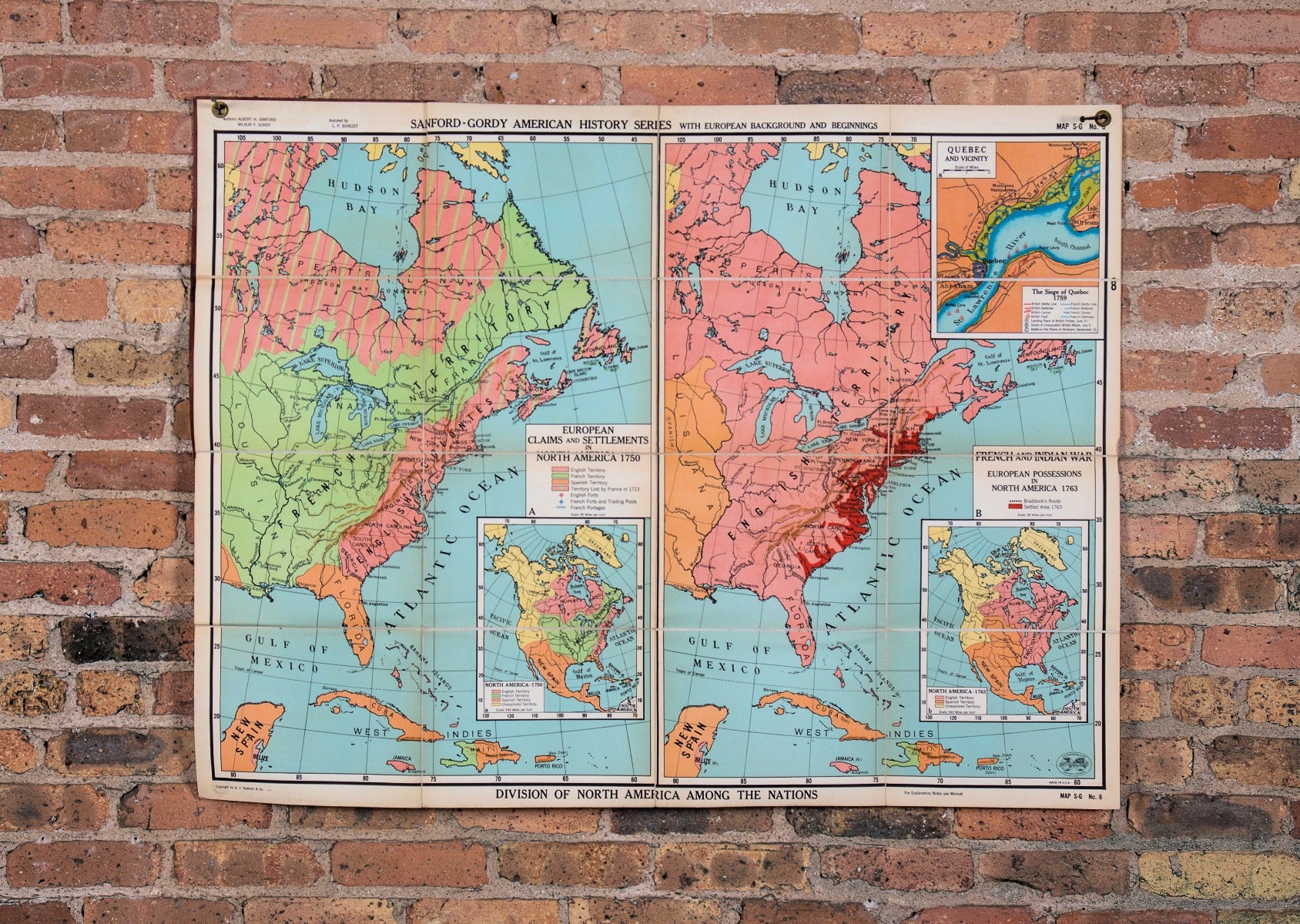 hard to find original 1950's salvaged chicago "division of nations" sanford-gordy classroom map