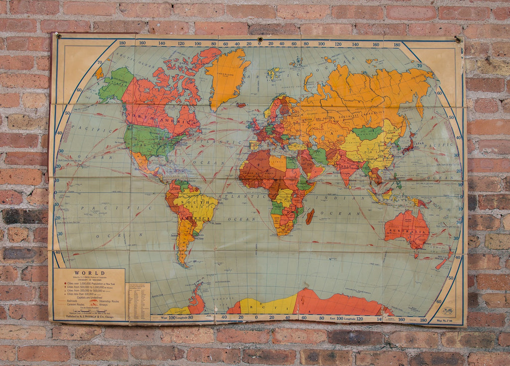 rare all original oversized salvaged chicago public school world map featuring railroad, steamship, and airway routes