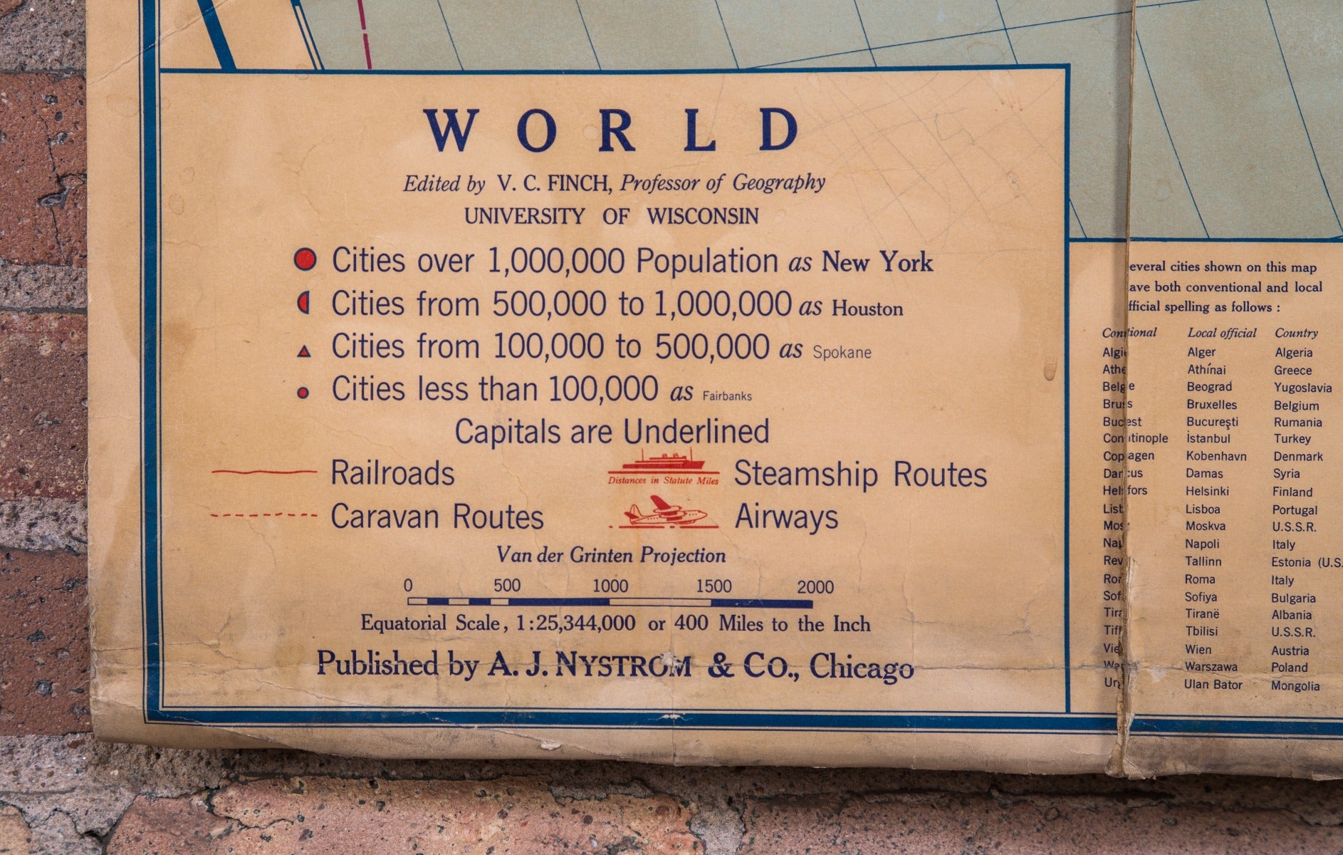 rare all original oversized salvaged chicago public school world map featuring railroad, steamship, and airway routes