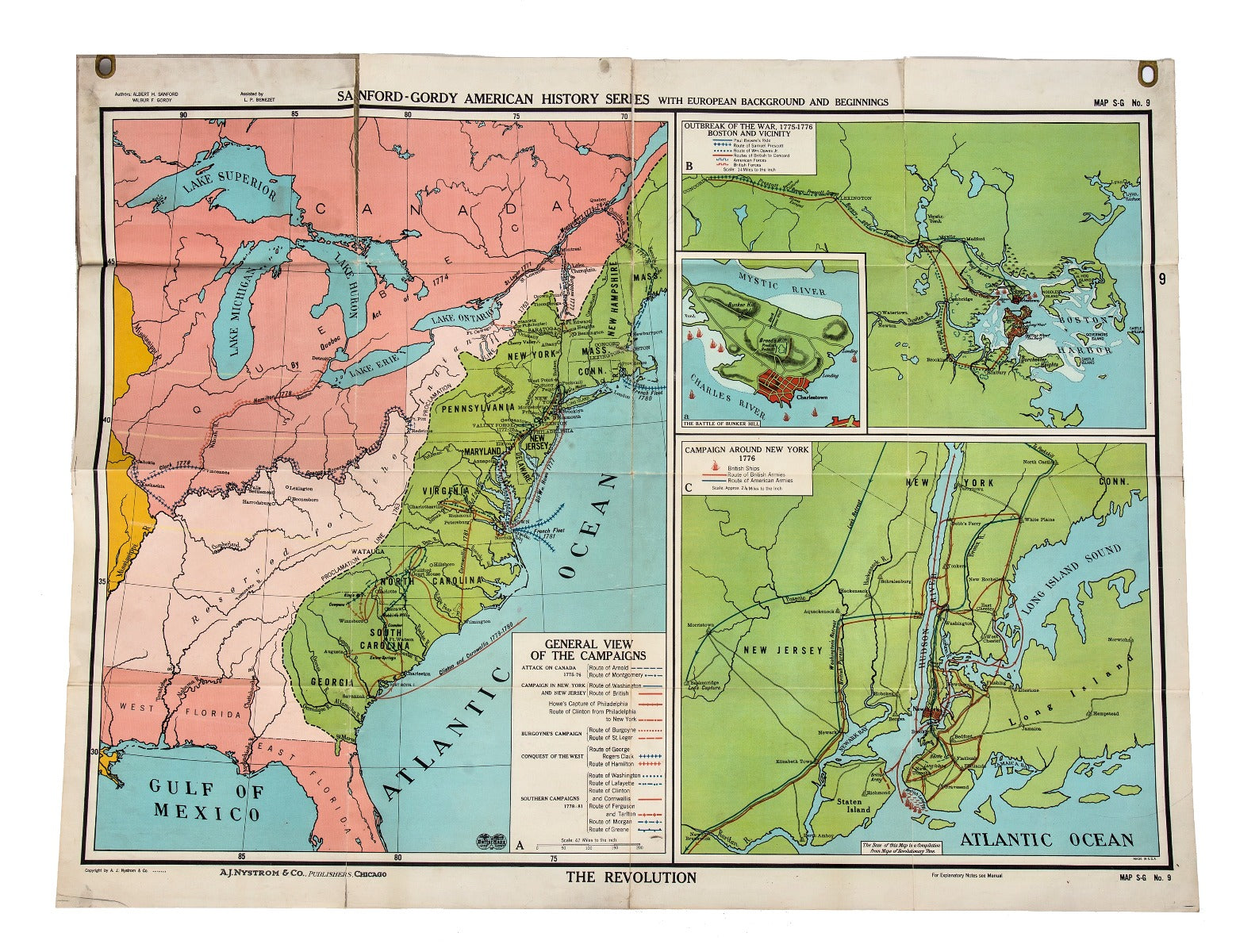 original 1950's sanford-gordy american history series chicago public school "american revolution" classroom map