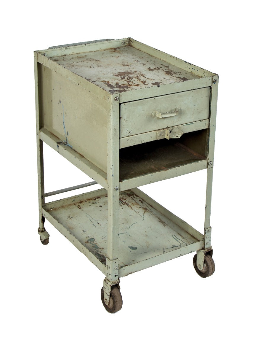 1940's vintage american industrial reinforced heavy gauge steel salvaged chicago factory machine shop tool cart with bassick casters