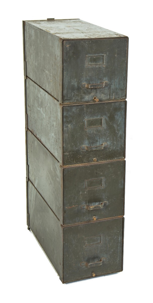 original freestanding salvaged chicago antique american four-unit stackable filing cabinet with original dark green enameled finish
