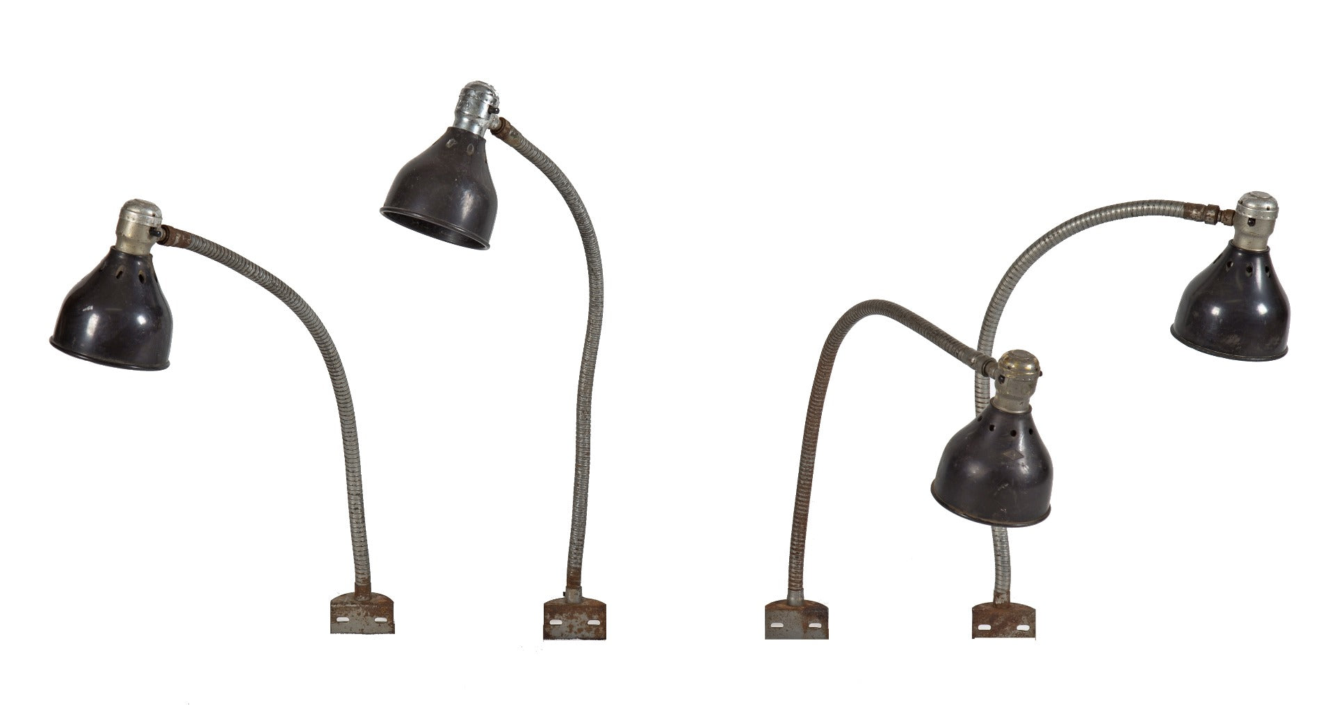 one of two matching vintage industrial salvaged chicago adjustable factory machine gooseneck lamps with shades