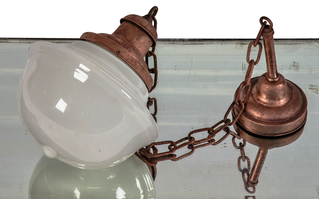 original early 20th century salvaged chicago reliance building interior office pendant light fixture with "schoolhouse" globe
