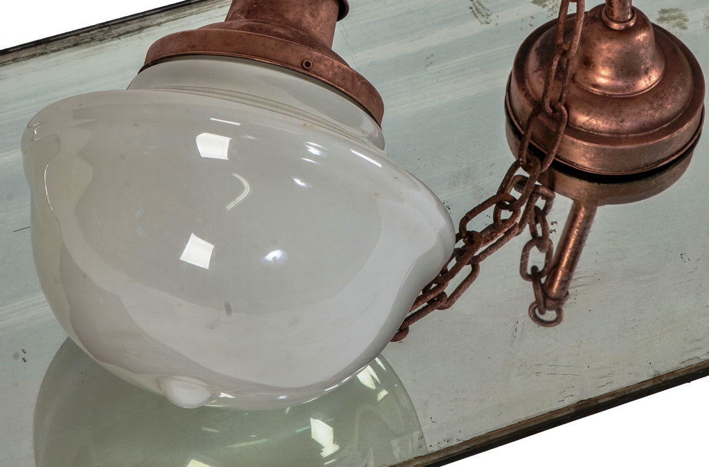 original early 20th century salvaged chicago reliance building interior office pendant light fixture with "schoolhouse" globe