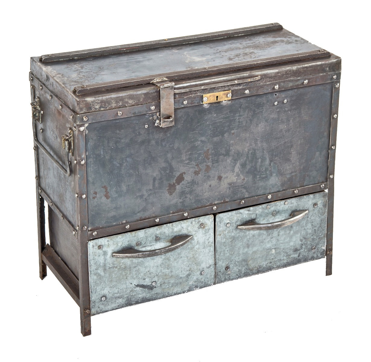 heavily reinforced american industrial custom-built riveted joint locomotive assembly plant machinist tool chest with stand