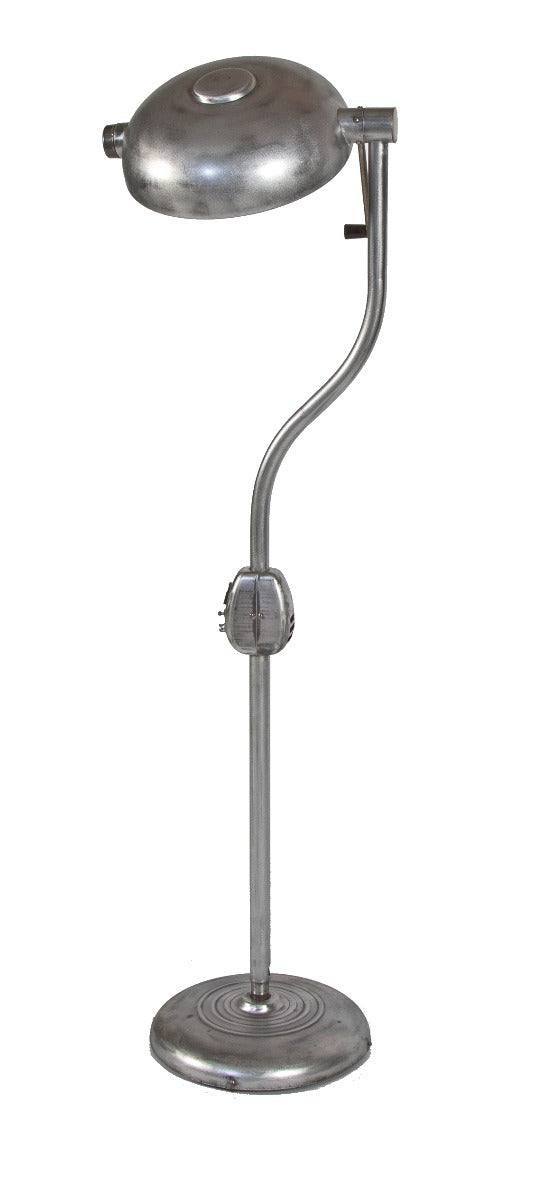 refinished vintage american industrial depression-era brushed metal adjustable hospital examination floor lamp with adjustable reflector