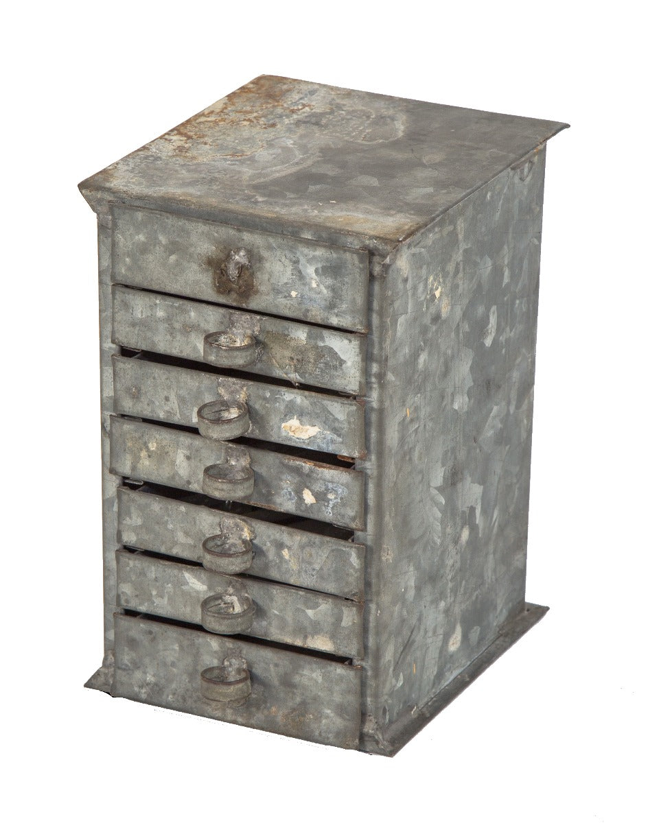 early 20th century diminutive galvanized steel salvaged chicago factory machine shop bench top multi-drawer cabinet