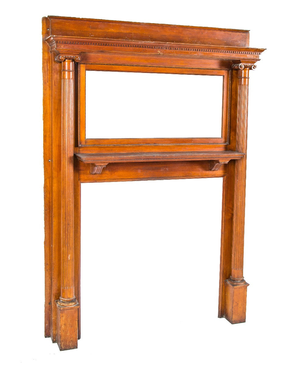 incredible 19th century salvaged chicago solid cherry wood victorian-era fireplace mantel with original beveled mirror and stained finish