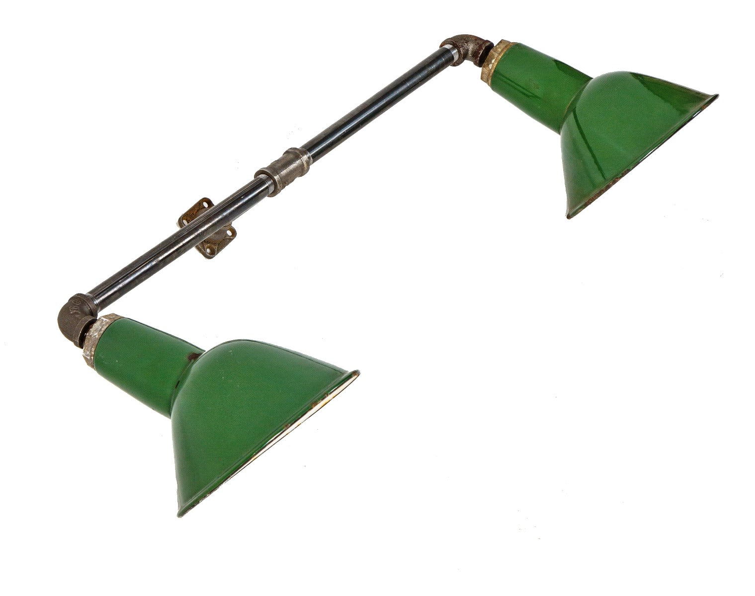 vintage american industrial double-arm green porcelain enameled reflector wall sconce with threaded steel pipe fitter