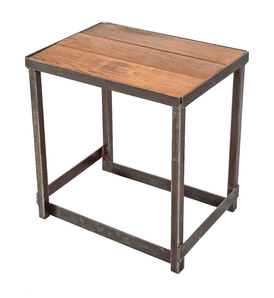 single repurposed salvaged chicago industrial four-legged angled steel side table or work stand with newly added oak wood table top
