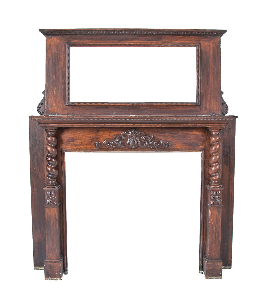 impressive original 19th century st. louis mansion fireplace mantel with twisted oak wood columns and grotesque