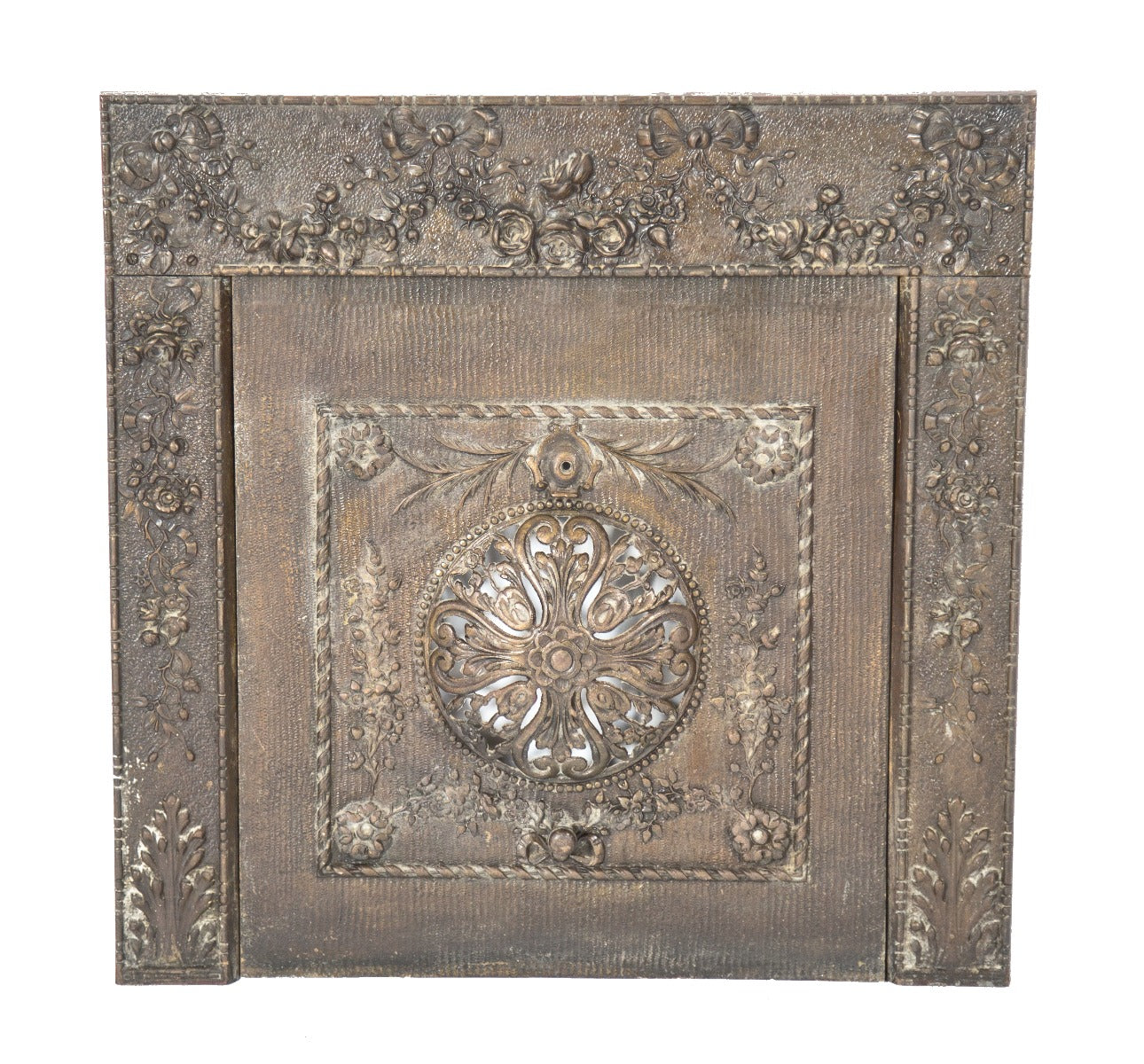 visually striking late 19th century original brass-plated ornamental cast iron interior residential fireplace surround and matching summer cover