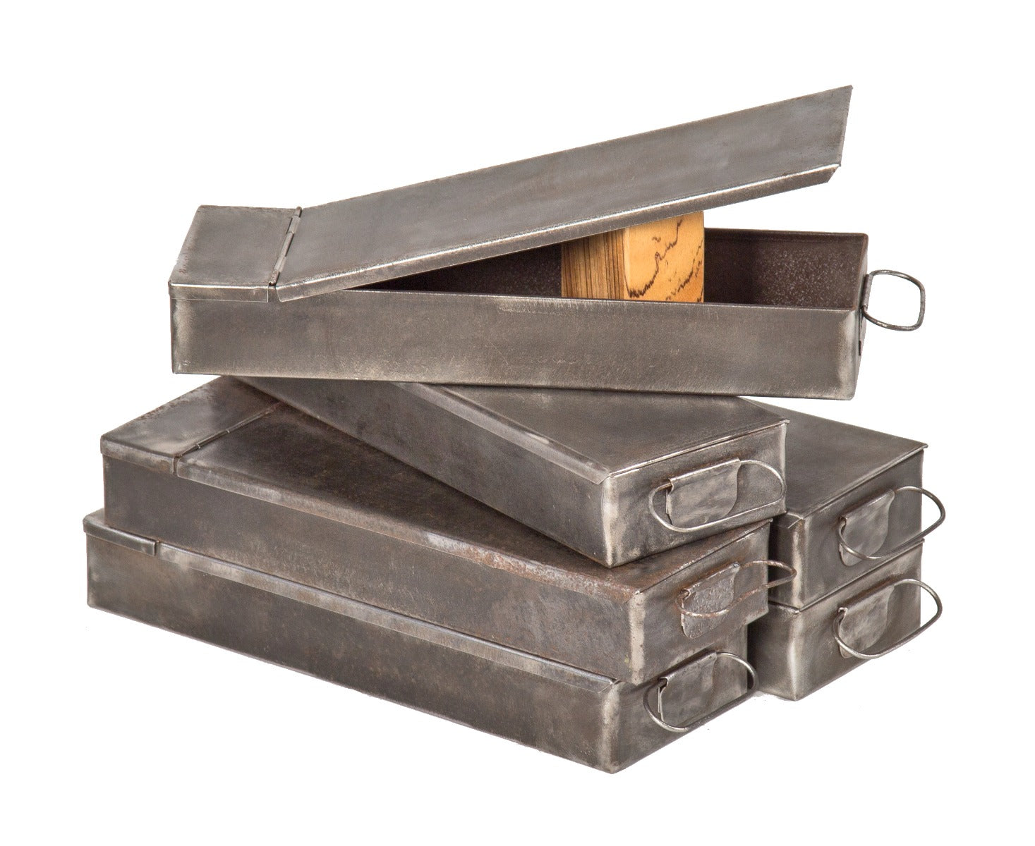 group of six matching c. 1920s original salvaged chicago state bank brushed metal security boxes