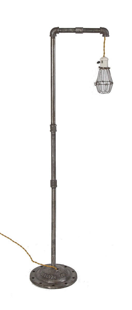 repurposed vintage american industrial western kieley steam specialties factory floor lamp with trouble cage