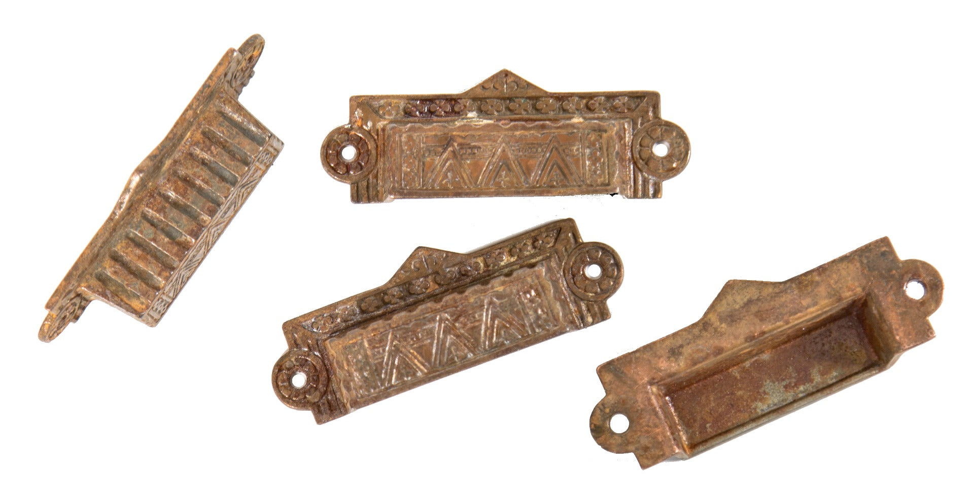 group of four matching original and intact brass-plated salvaged chicago ornamental cast iron drawer pulls