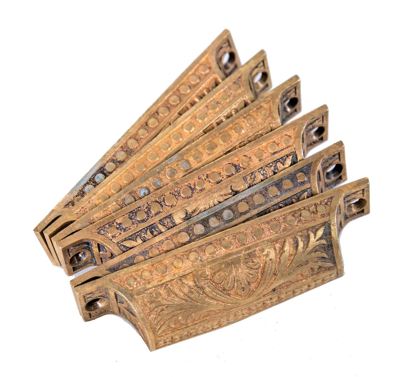 group of six matching antique 19th century american victorian-era cast bronze residential cabinet drawer pulls