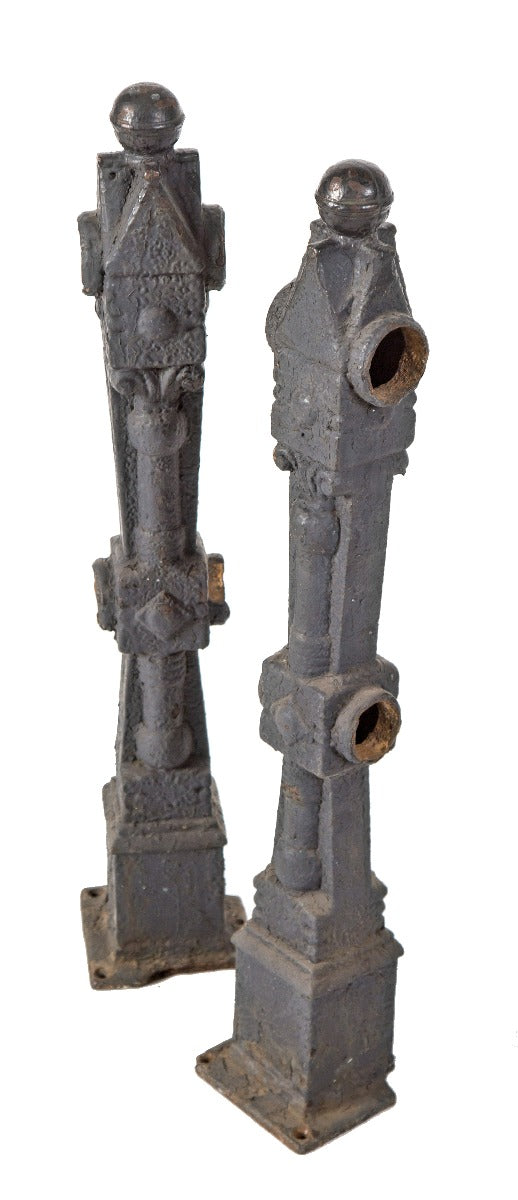 pair of original late 19th century black enameled "chicago style" ornamental cast iron newel posts with ball finials