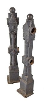 pair of original late 19th century black enameled "chicago style" ornamental cast iron newel posts with ball finials