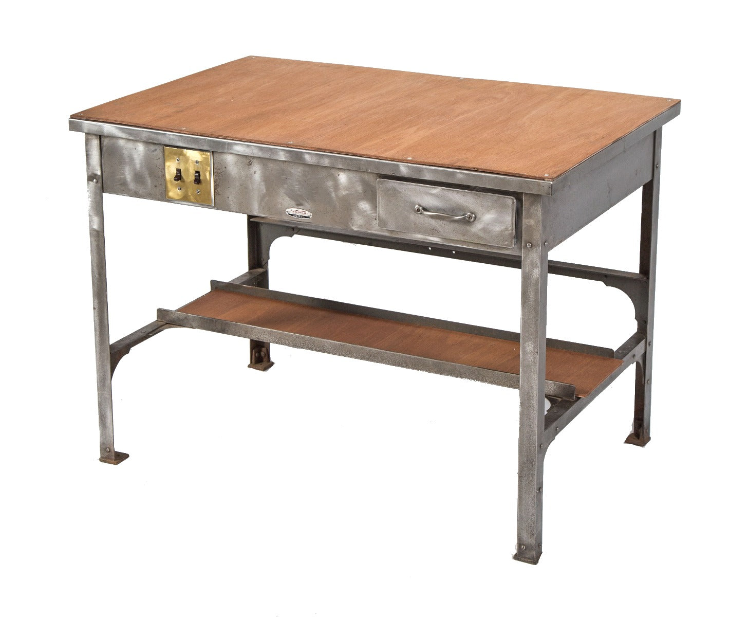 c. 1940's vintage american industrial repurposed "neumade" brushed metal film reel rewind desk from cbs studios