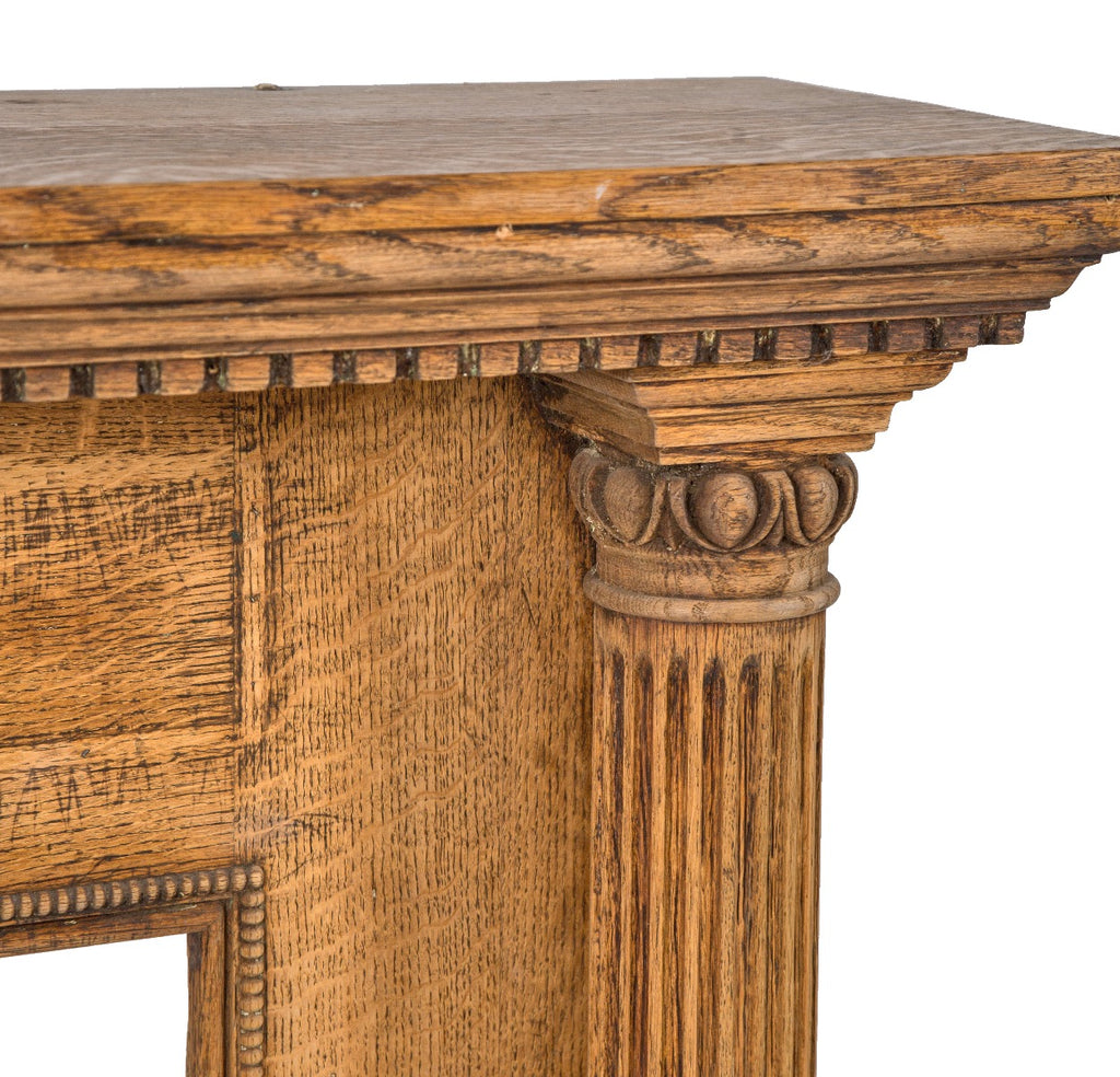 highly desirable 19th century american victorian-era quartered oak wood interior residential fireplace mantel with fluted columns