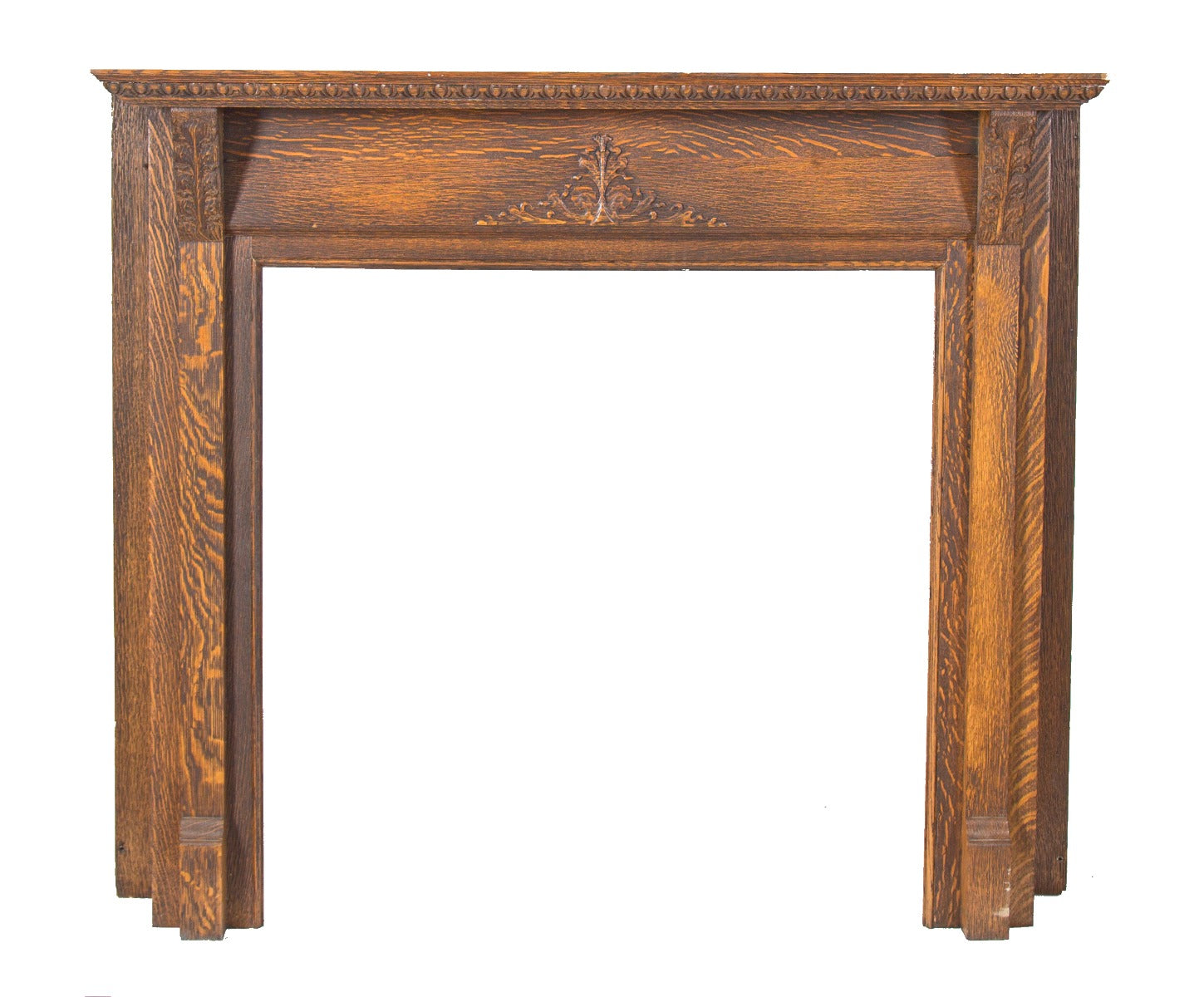 one of two matching early 20th century salvaged chicago quartered oak wood fireplace mantel with ornamented corbels