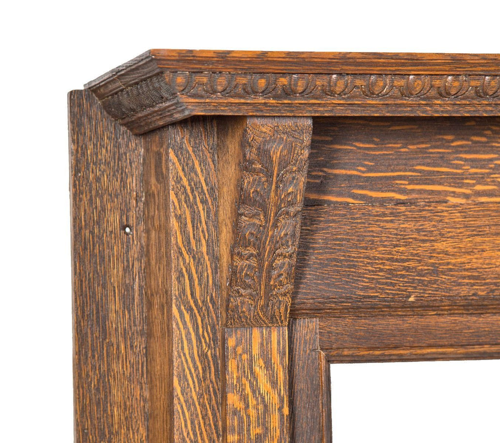 hard to find 19th century salvaged chicago quartered oak wood fireplace mantel with unusually large firebox opening
