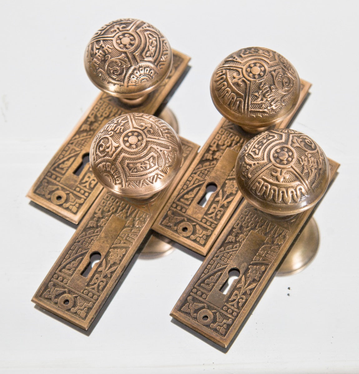 19th century salvaged chicago interior residential wrought brass "ceylon" pattern passage door hardware