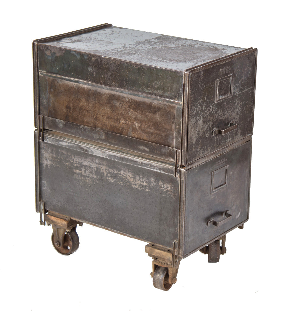 refinished american depression-era industrial angled steel multi-tier filing cabinet with custom-built base with casters