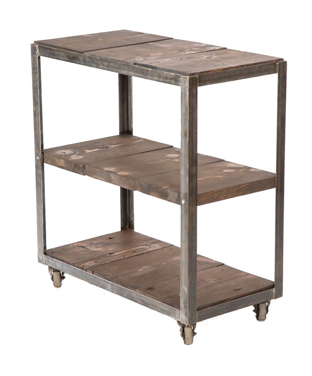 vintage american industrial chicago three-tier mobile factory workshop cart with darkly stained pine wood shelves