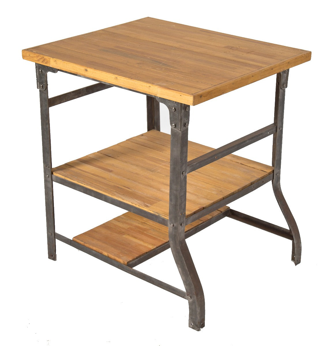 unique early american industrial riveted joint angled steel factory table or work station with three-tiers