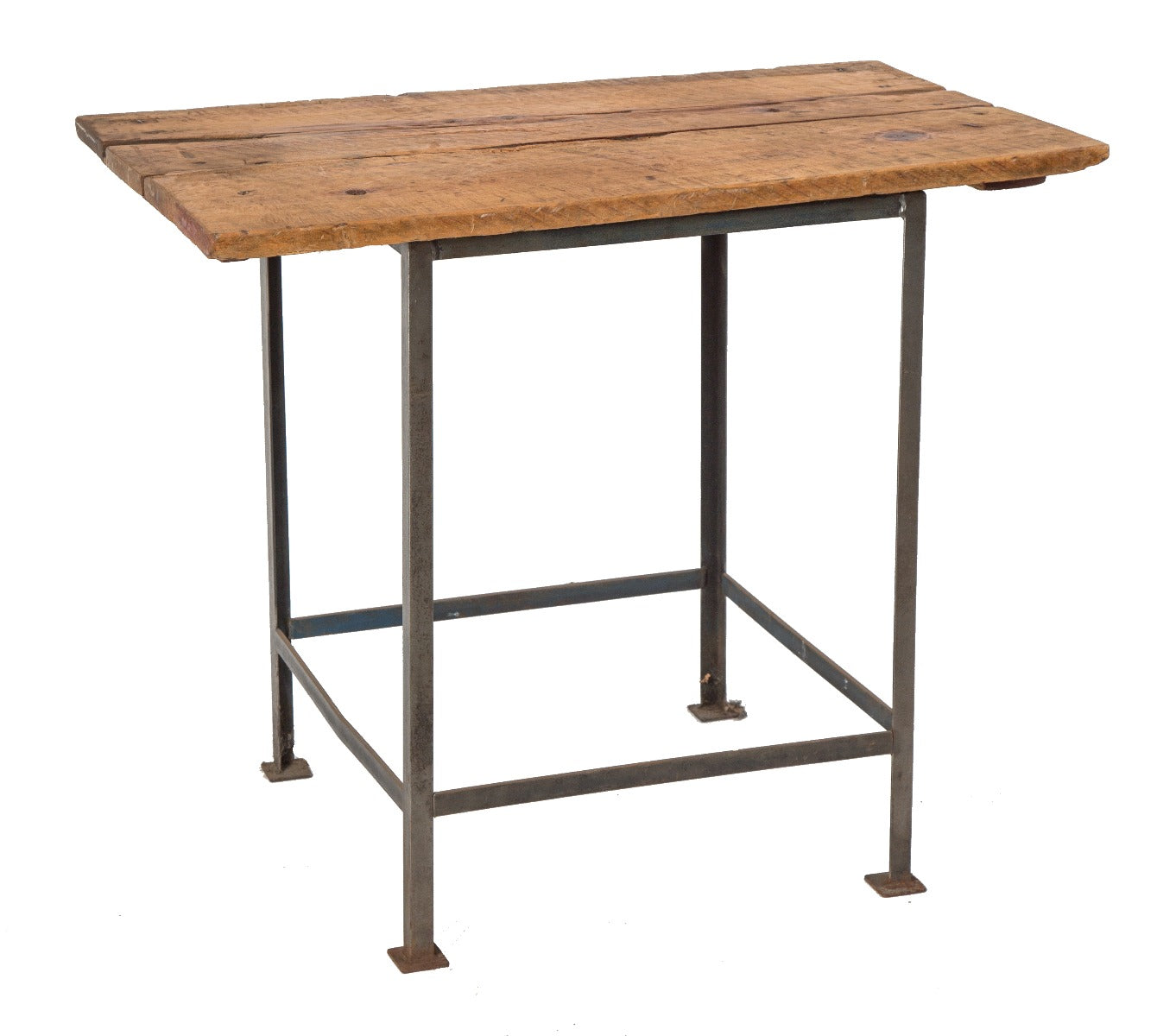 vintage american industrial four-legged welded joint steel stationary table with worn and weathered pine wood top