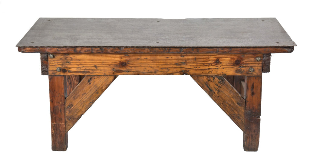 early 20th century antique american industrial salvaged chicago four-legged factory machine shop table with steel deck