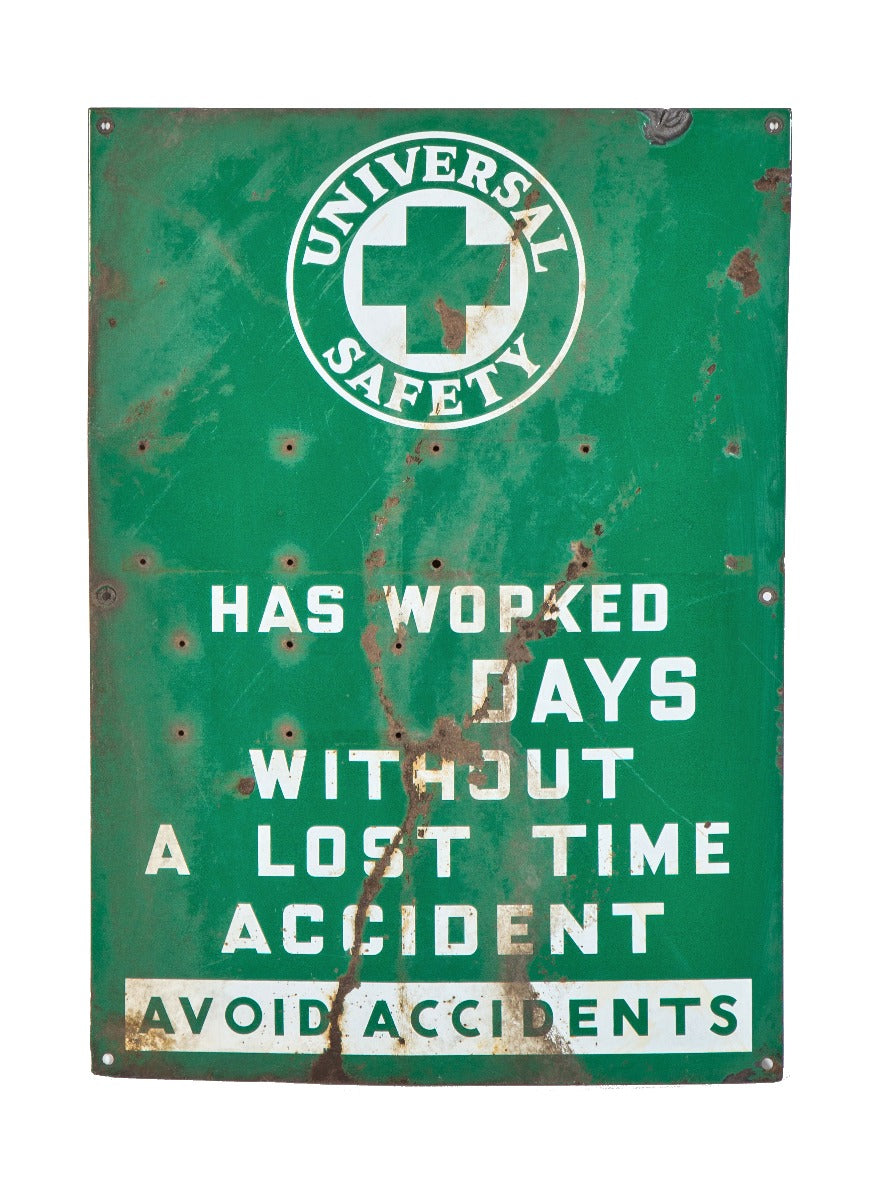 early american depression-era green porcelain enameled steel safety first workplace injury "scorecard" with bold white lettering
