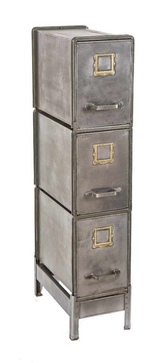 rare early 20th century antique american industrial three-tier stackable pressed and folded steel filing cabinet with original pulls and four-legged base