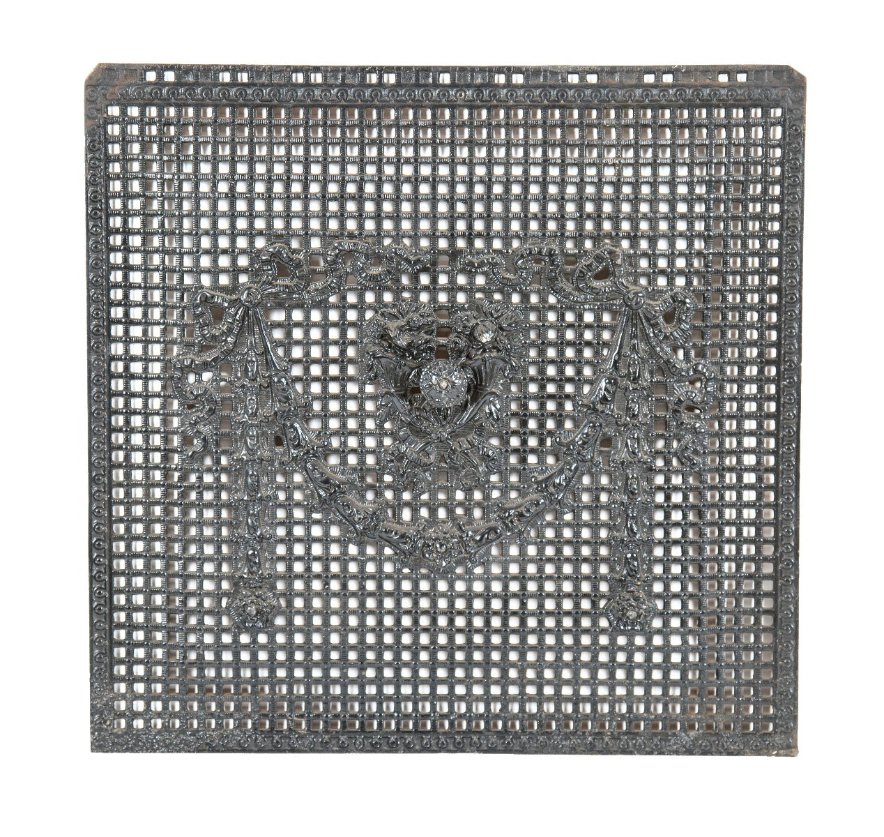 original late 19th century salvaged chicago victorian-era black enameled interior residential fireplace summer cover with pierced gridded screen