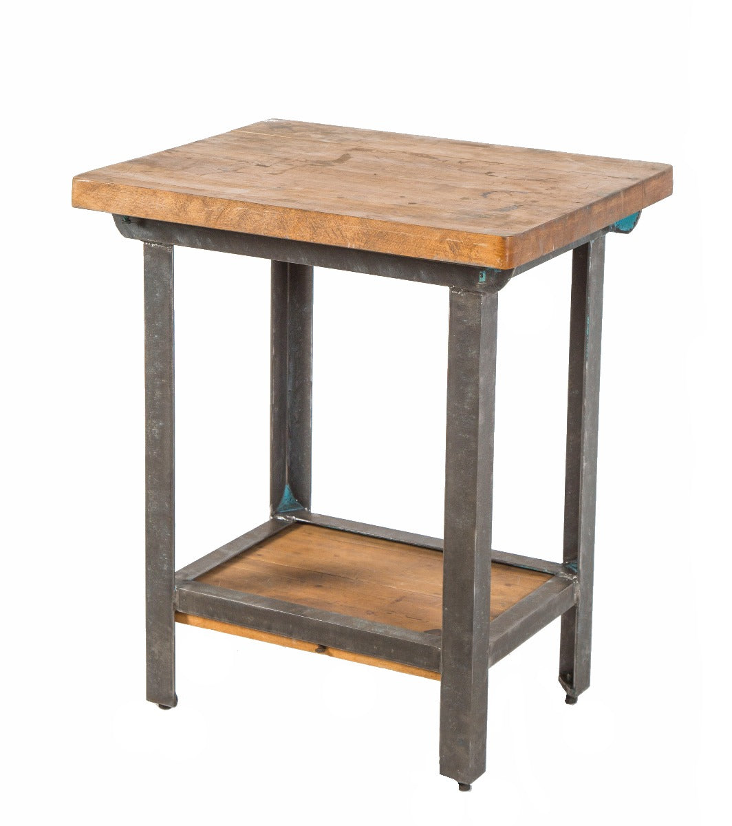 welded joint four-legged american industrial brushed metal stationary work station or side table with maple wood top