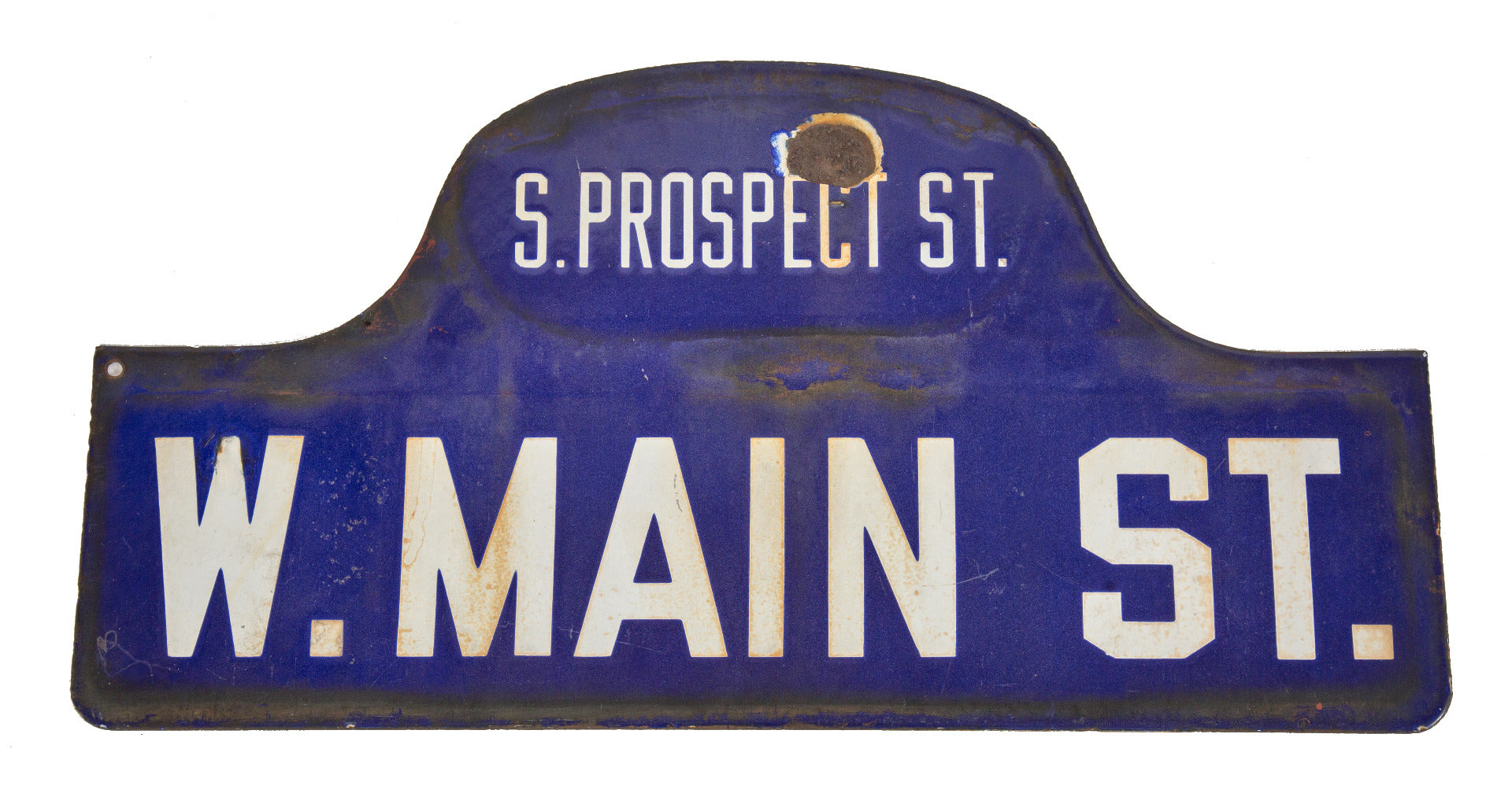 double-sided antique american cobalt blue porcelain enameled early city street sign with bold white lettering