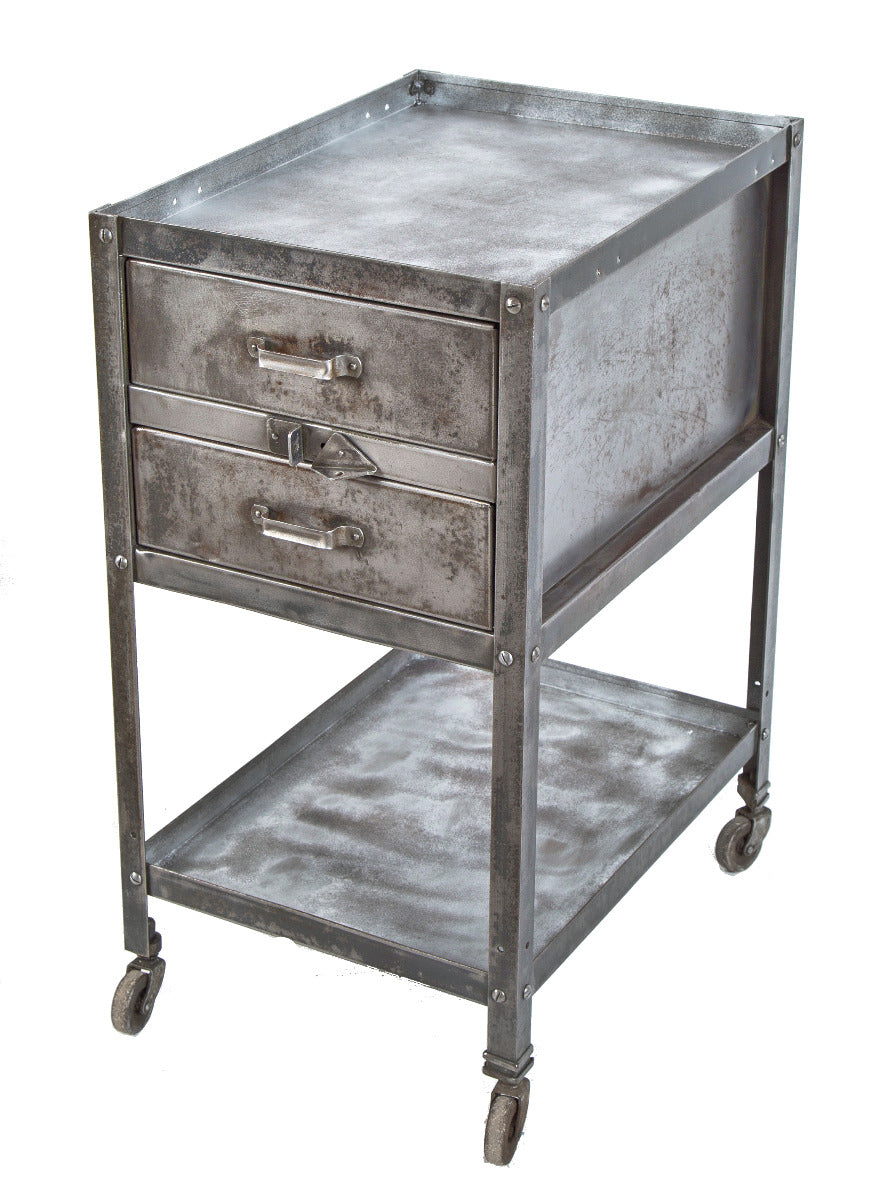 single brushed metal vintage american industrial salvaged chicago factory double-drawer mobile cart with bassick casters