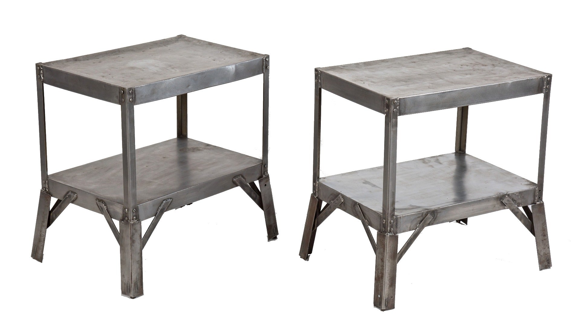 matching set of all original and intact brushed metal four-legged side tables with undershelves