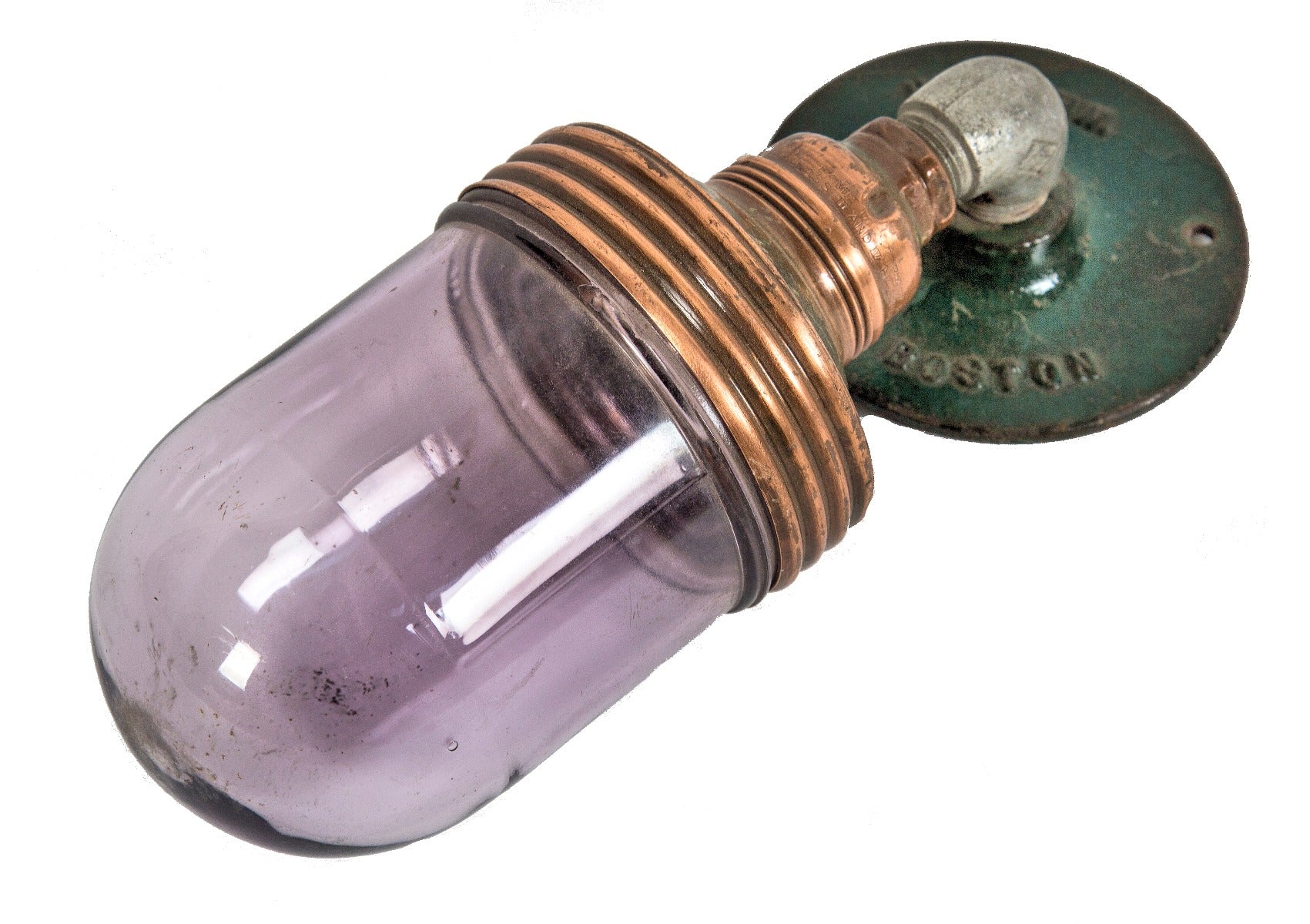 original early 20th century american industrial single arm wheeler copper wall sconce with impact resistant shade