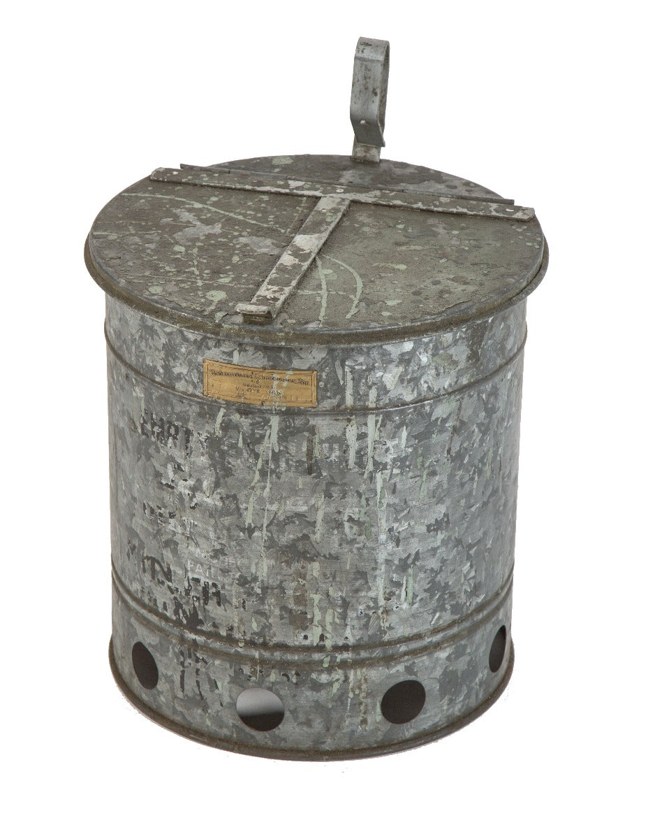 early 20th century salvaged chicago galvanized steel factory oily waste can with hinged lid and perforated bottom