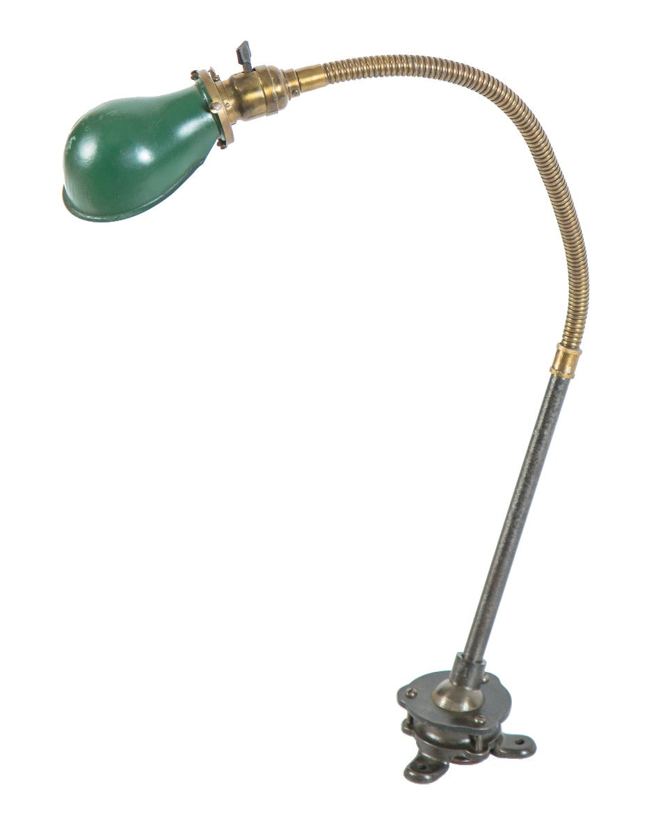 original early 20th century salvaged chicago fully adjustable faries desk, ceiling, or wall articulating lamp with green enameled reflector
