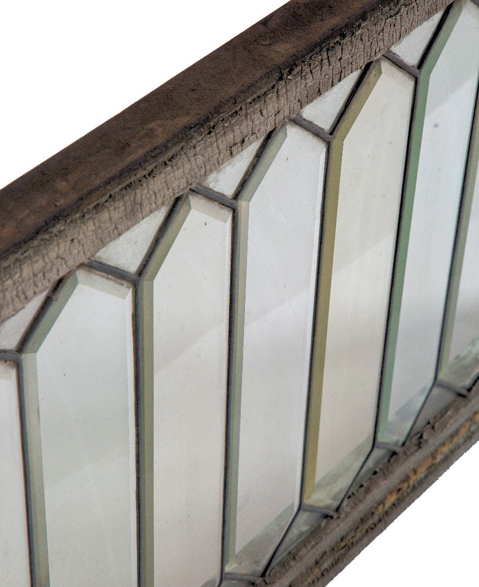19th century oversized antique american salvaged chicago beveled edge glass "picket fence" transom window with original wood sash frame