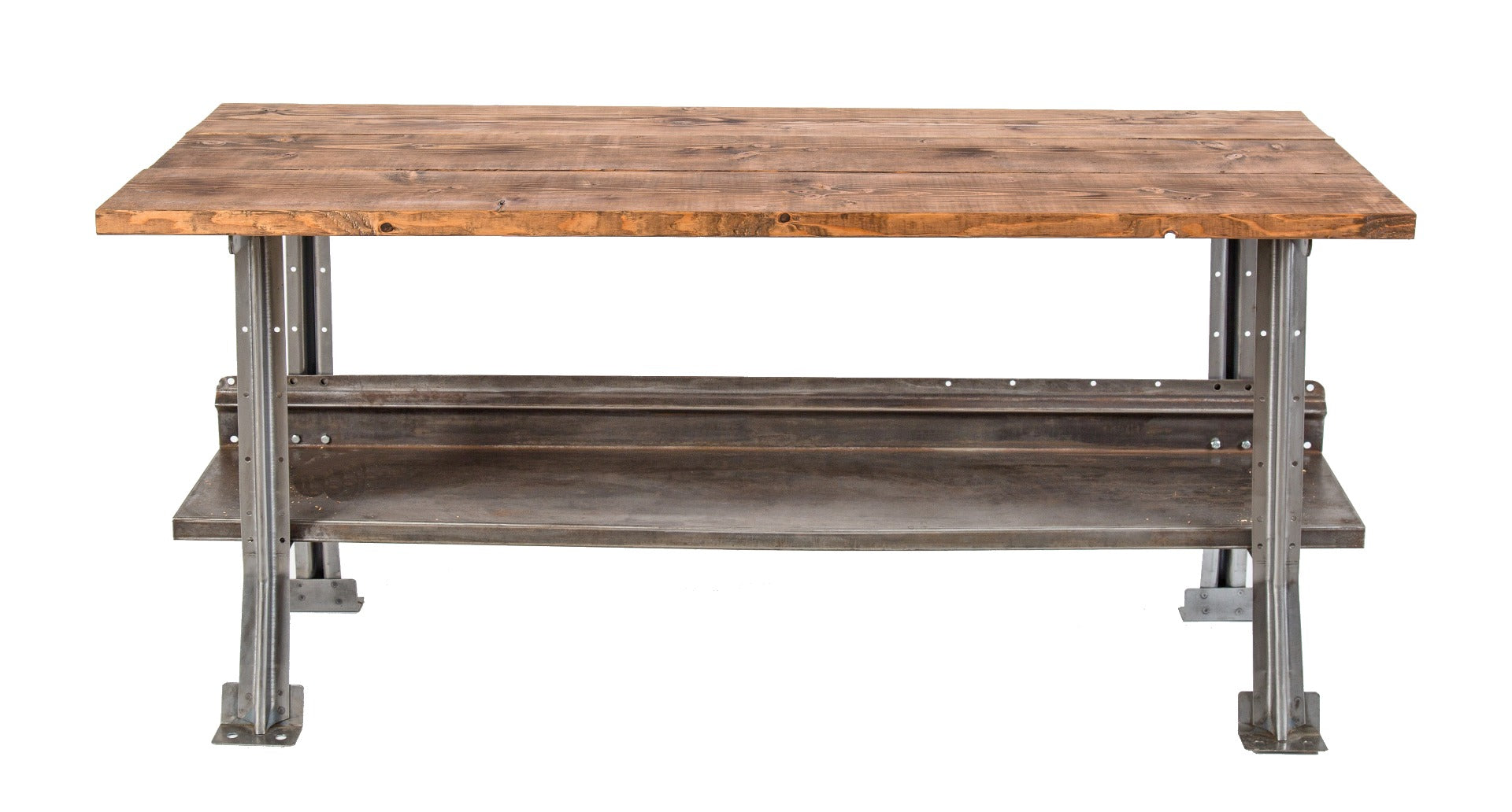 vintage american industrial stationary workbench or table with brushed metal lyon legs and spacious undershelf