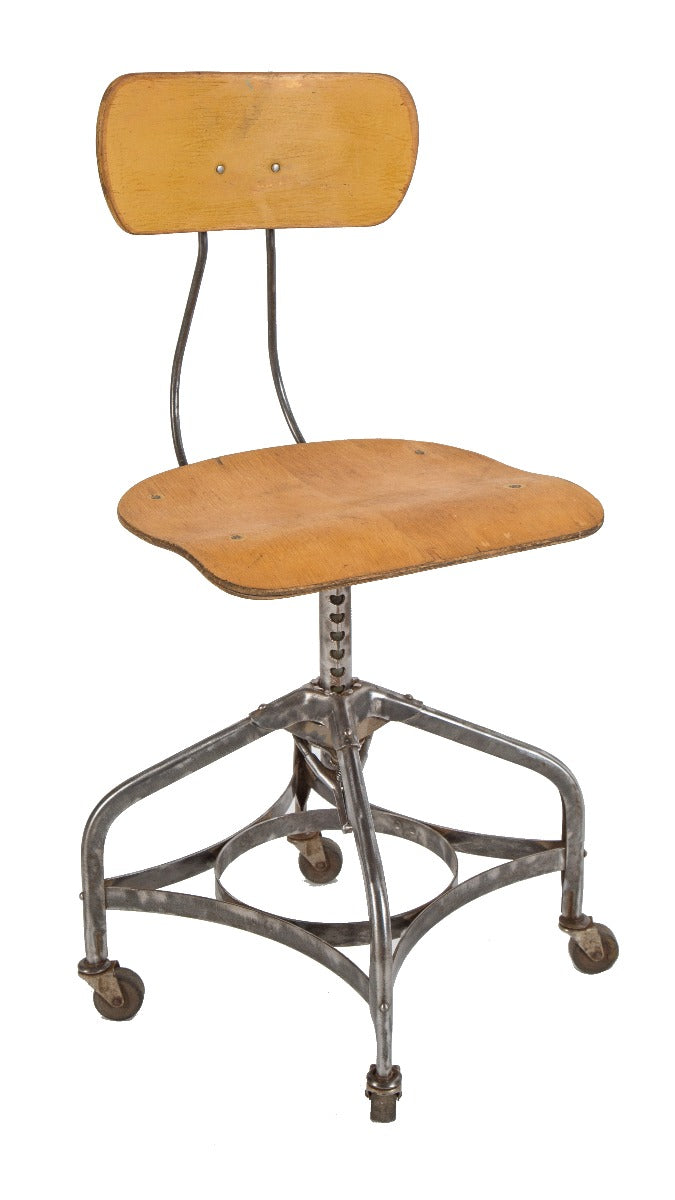 refinished vintage american industrial "uhl art steel" adjustable height toledo stool with wood seat and backrest