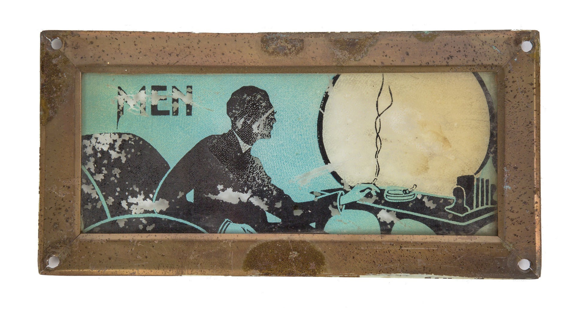 exceptionally rare american depression-era reverse-painted polychromed interior theater men pictorial sign