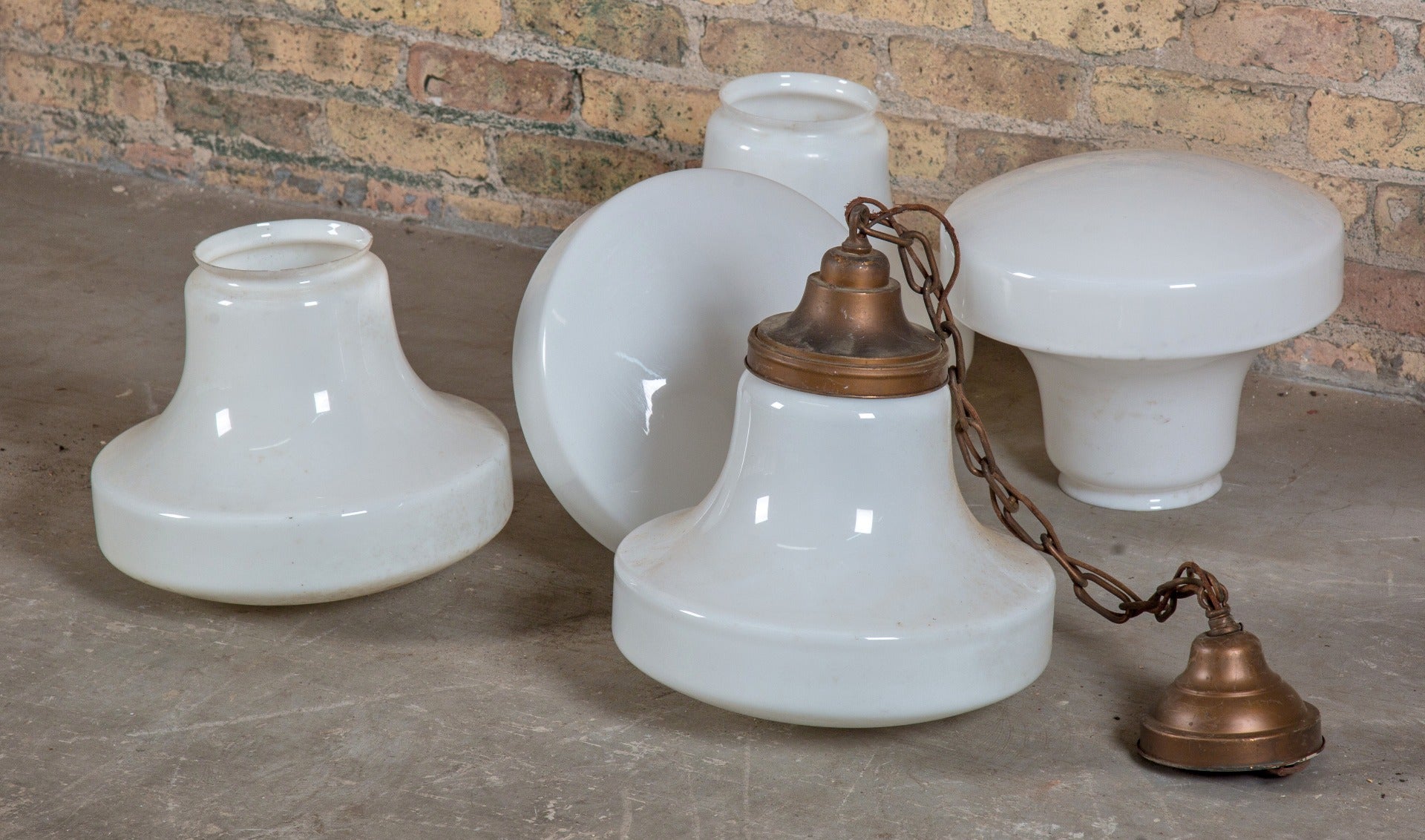 single all original and intact salvaged chicago school pendant light fixture with oversized flared white glass shade