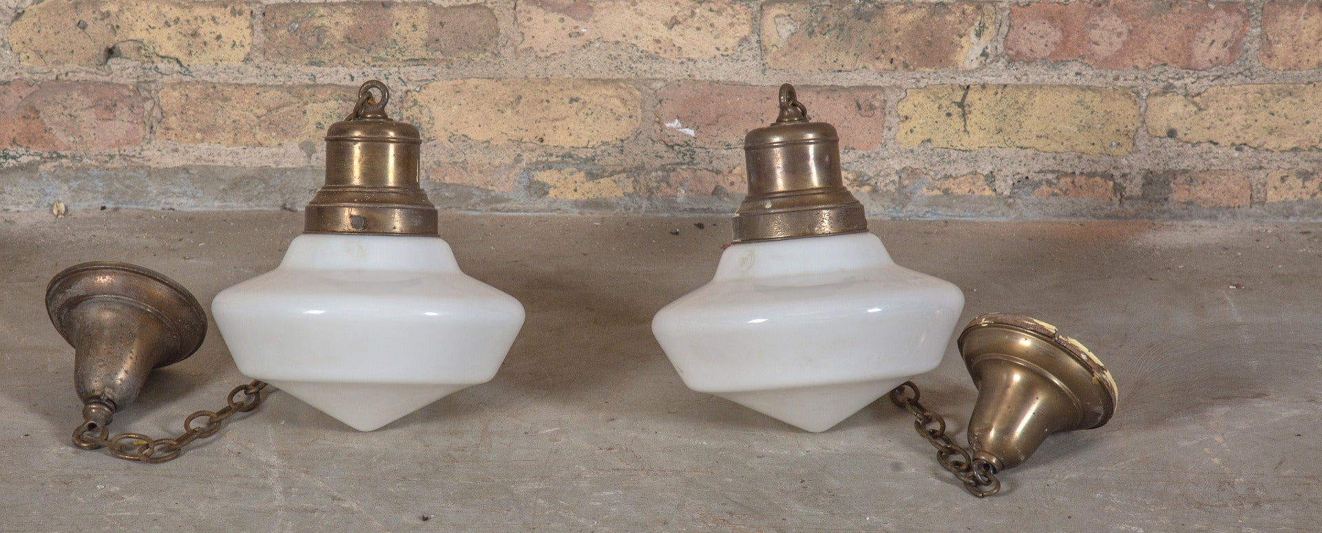 pair of matching early 20th century antique american chicago public school opalescent white pendant lights