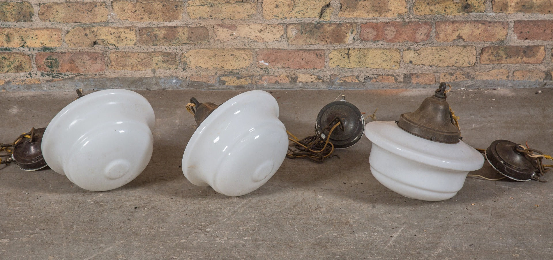 group of three matching early 20th century all original salvaged chicago interior school classroom pendant lights